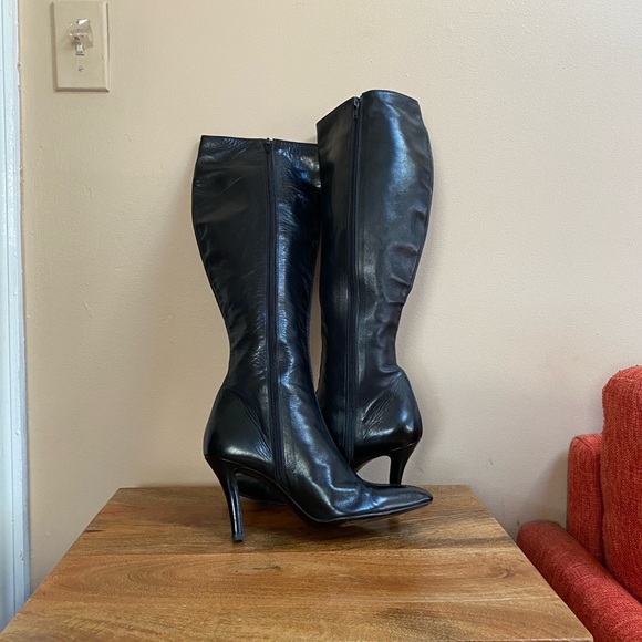 VTG 90’s Anna Sui Black Leather Bondage Knee Boots - Picture 4 of 16